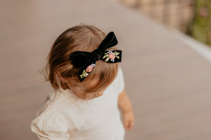 Ribbon Embroidery on Black Velvet Baby Bow