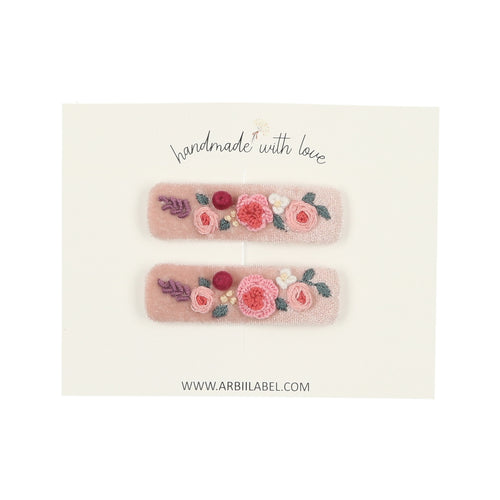 Pink Velvet Embroidered Clips