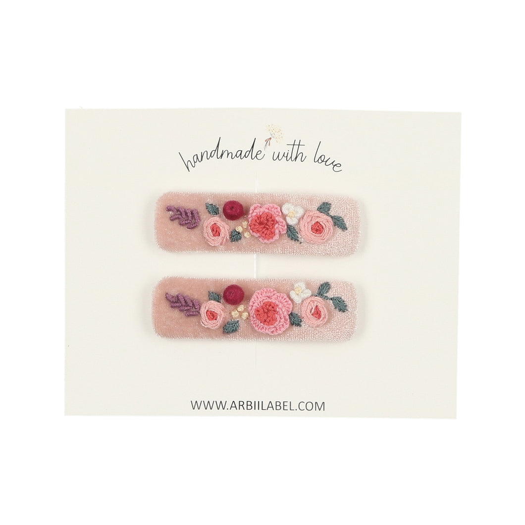 Pink Velvet Embroidered Clips