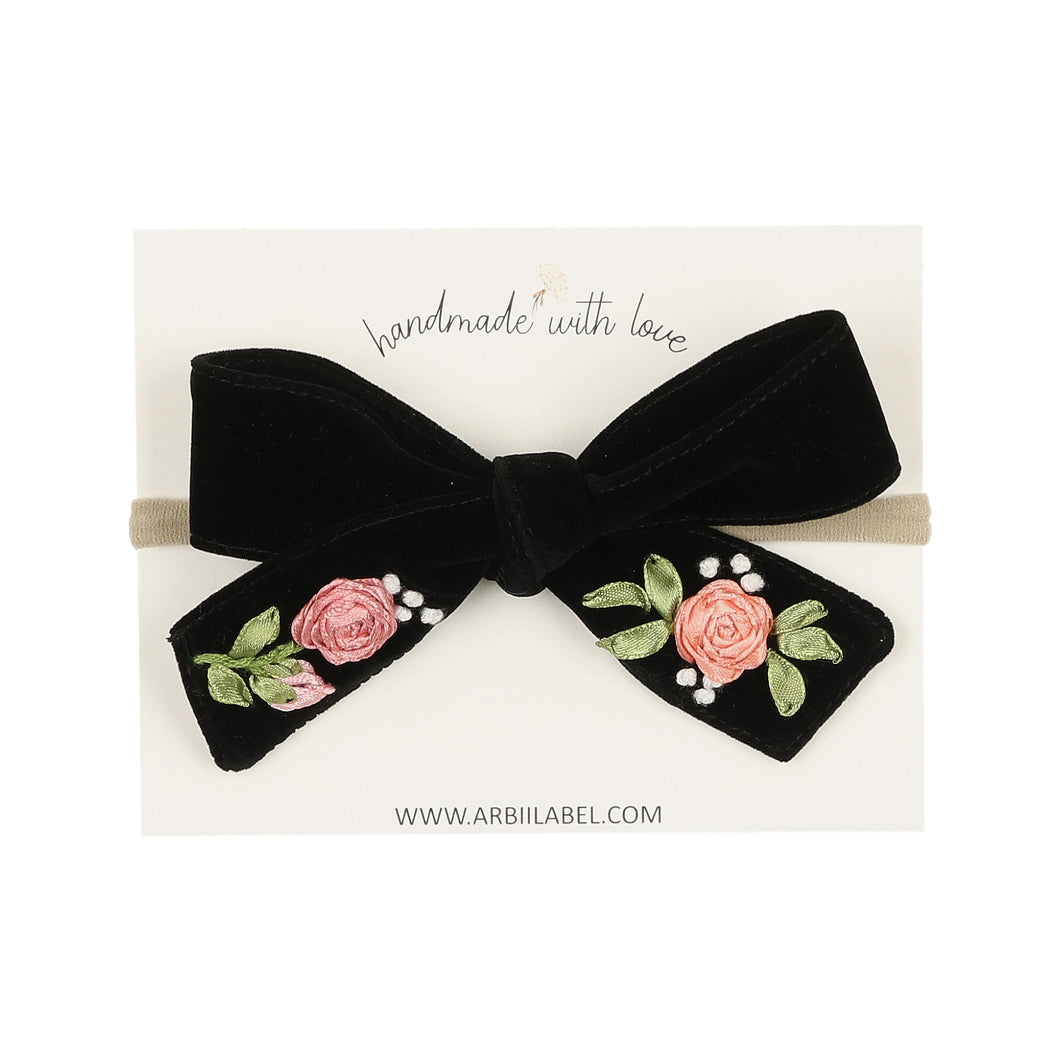 Ribbon Embroidery on Black Velvet Baby Bow